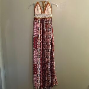 Forever 21 Red and Cream Crochet Halter Maxi Dress